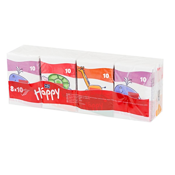 BABY HAPPY Платочки бумажные трехслойные Звери мини-формат 8 шт