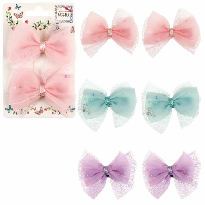 Набор Заколки-зажимы 2шт бантик шифон и шёлк 3цвета микс 1 шт