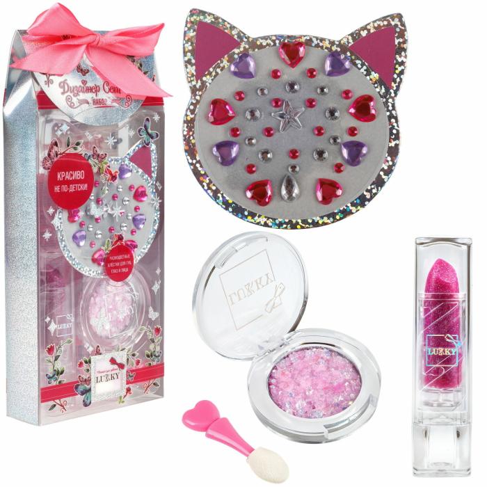 Дизайнер-Сет Набор#6 Розовый котик Помада для губ меняющая цвет на розовый,гель-блёстки,стразы для лица 1 шт