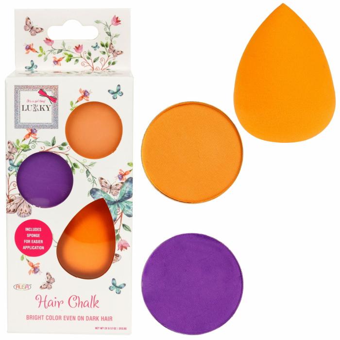 Пудра для волос 2цвета: оранжевый, фиолетовый со спонжем 1 шт