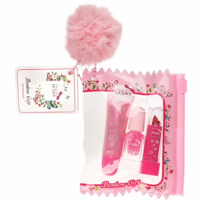 BonBon Gift Набор /блеск для губ, помада для губ, лак для ногтей peel-off, косметичка фиолетовая, пушистый брелок/ 1 шт