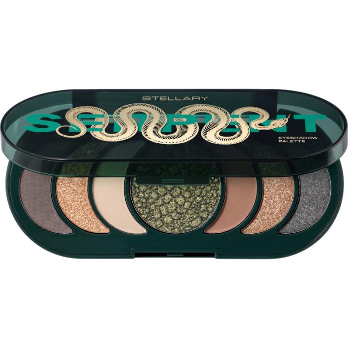 Палетка теней Eyeshadow palette Serpent collection № NIGHT WHISPER — матовый сине-серый 
SILK TRALI — сияющий шампань
TANACONDA — матовый слоновая кость
PYTHON CODE — сияющий зеленый
HIGHBROWN — матовый коричневый
SNAKE CHARMER — сия