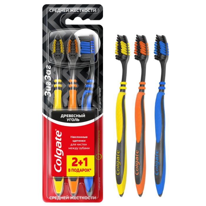 Зубная щетка Zig Zag с древесным углем средней жесткости 3 шт