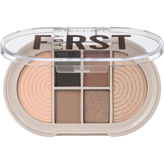 Палетка теней для век Eyeshadow palette № матовый светло-персиковый и шиммерный цвет шампань, матовые черный, тепло-коричневый, серо-коричневый оттенки и шиммерный бронзово-коричневый тон.